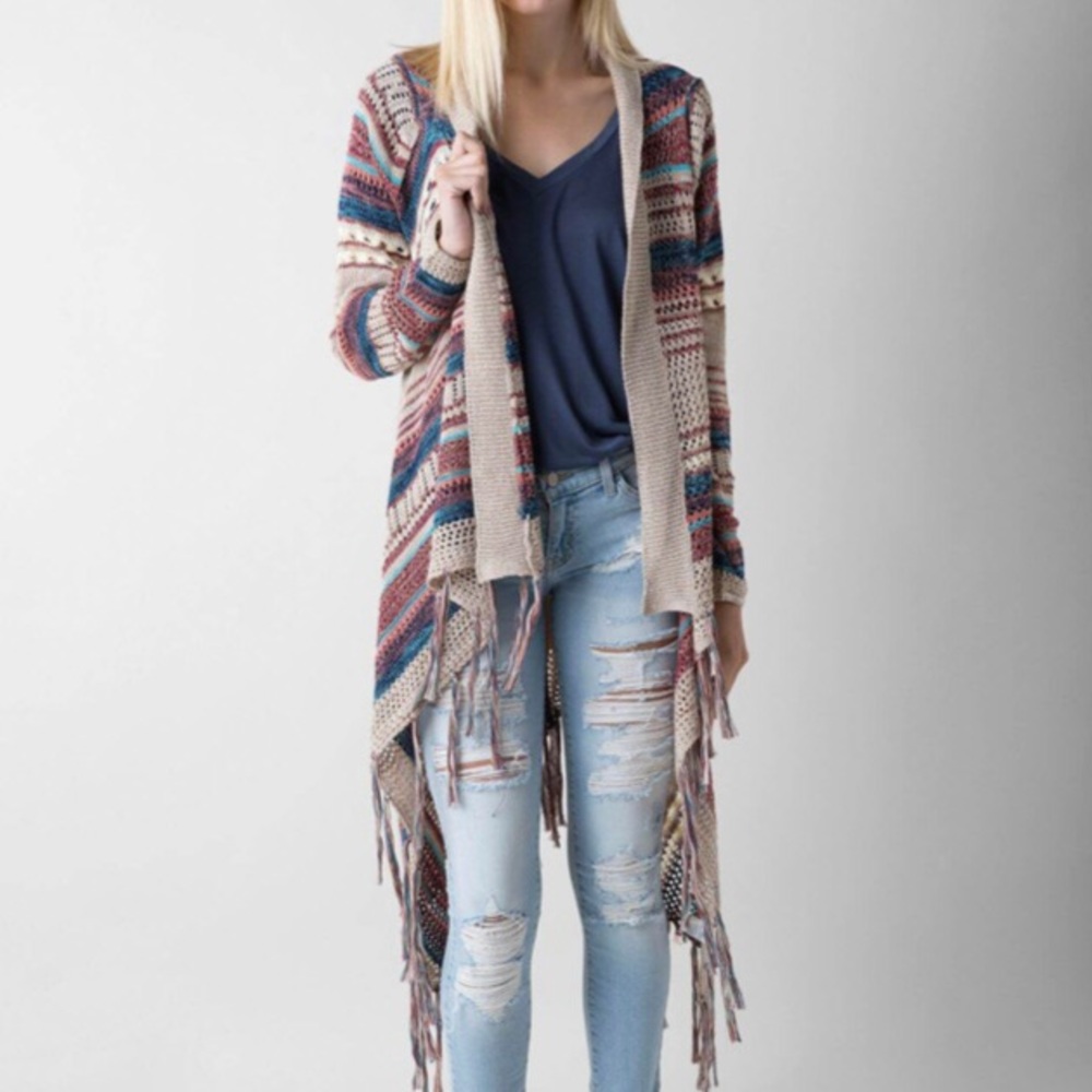 Drape Front Tasseled Striped Cardigan M/L- Selfie Couture by Trendology
